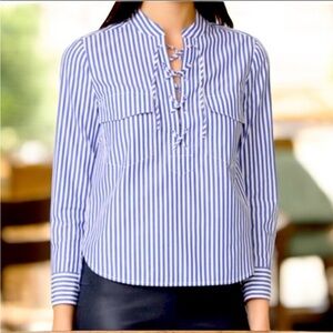 VERONICA BEARD Shirt Womens Size 2 Harper Lace Up Tunic Top Blue White Striped